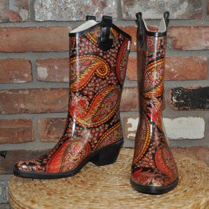 New Suko Black & Red  Paisley Cowboy Rubber Rain Boots Festival 8